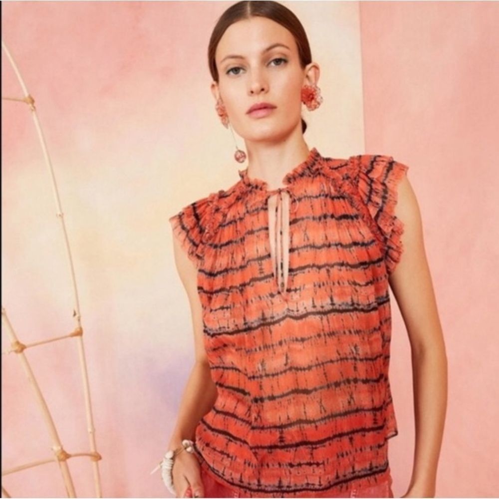 Ulla Johnson Top Silk Ruffle Tie Dye Orange Size 6 S